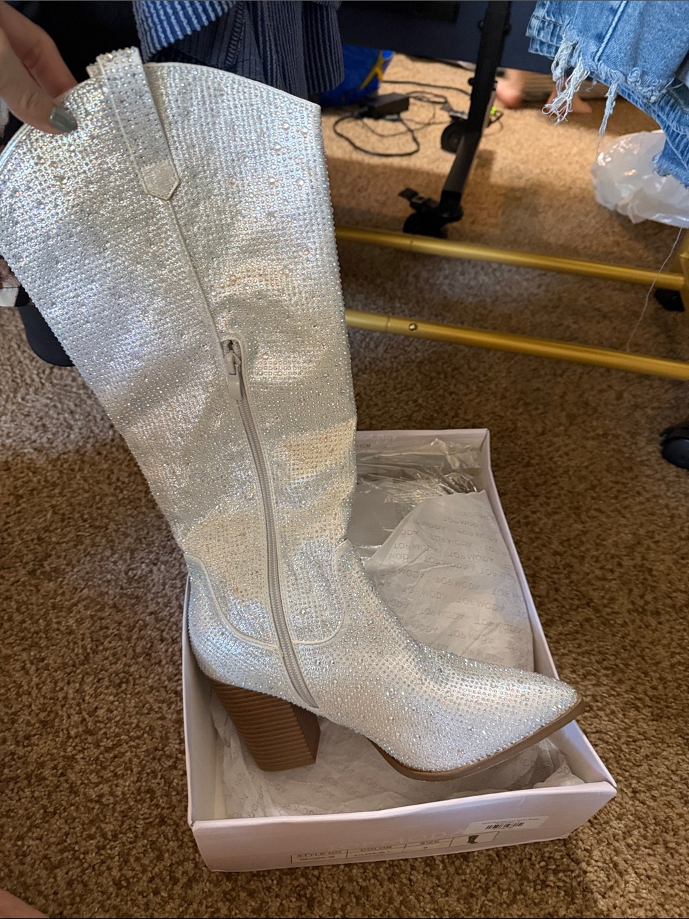 Trendy boutique Silver Rhinestone Mid-Calf Block Heel Boots